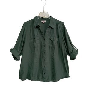 Roz & Ali Blouse Top Women's Size 1X Green Button-Up Roll-Tab Sleeve Lightweight